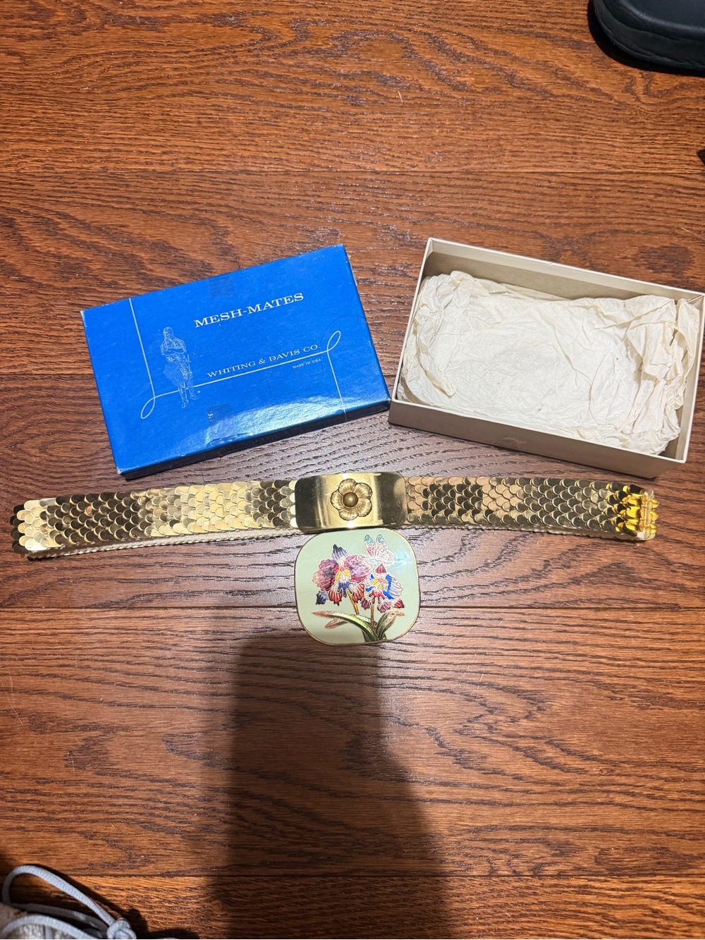 Whiting & Davis Gold Tone Floral Clasp Mesh Belt